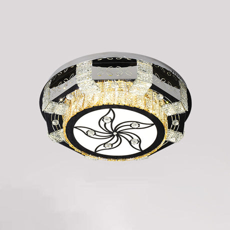 Modern Led Flush Mount Ceiling Light Fixture With Crystal Block Drum Shade In Nickel -