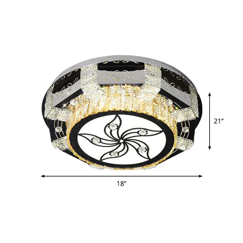 Modern Led Flush Mount Ceiling Light Fixture With Crystal Block Drum Shade In Nickel - Flower/Four