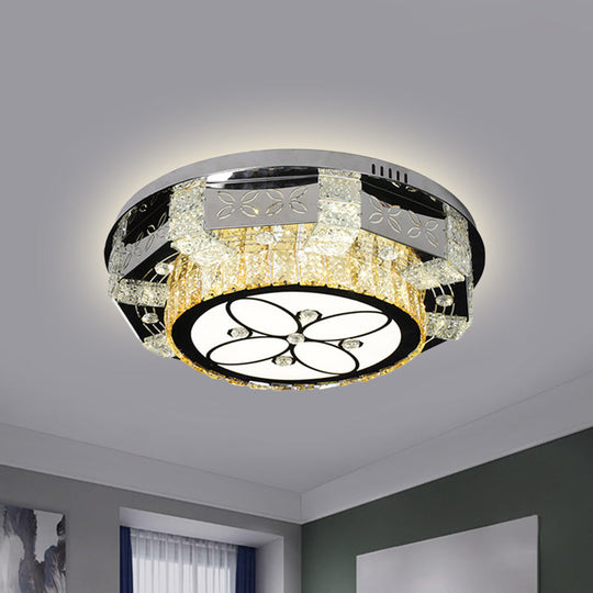 Modern Led Flush Mount Ceiling Light Fixture With Crystal Block Drum Shade In Nickel -