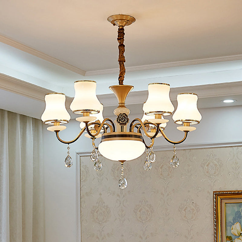 Traditional Cream Glass Brass Chandelier With Crystal Drop - Curved Arm 3/6 Bulbs