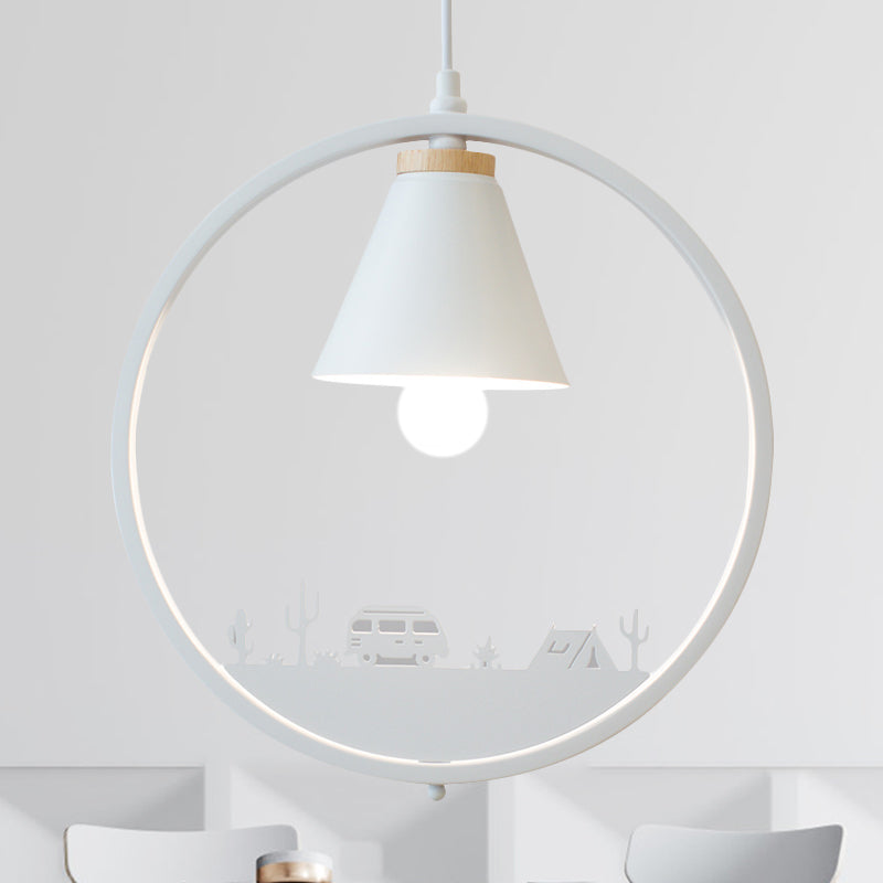 Nordic Style Pendant Lamp With Iron Cone Shade & Paper Cutting Decoration- Black/White 1 Bulb White