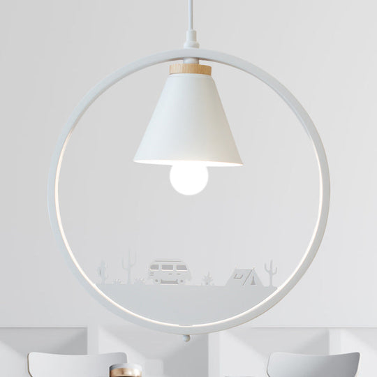 Nordic Style Pendant Lamp With Iron Cone Shade & Paper Cutting Decoration- Black/White 1 Bulb White