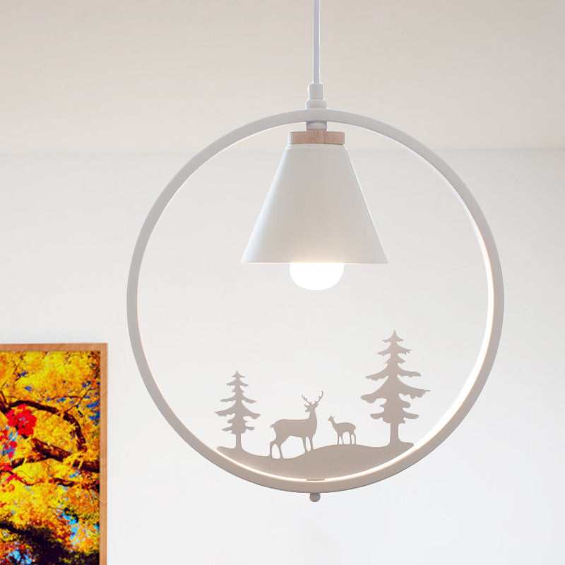 Nordic Style Pendant Lamp With Iron Cone Shade & Paper Cutting Decoration- Black/White 1 Bulb