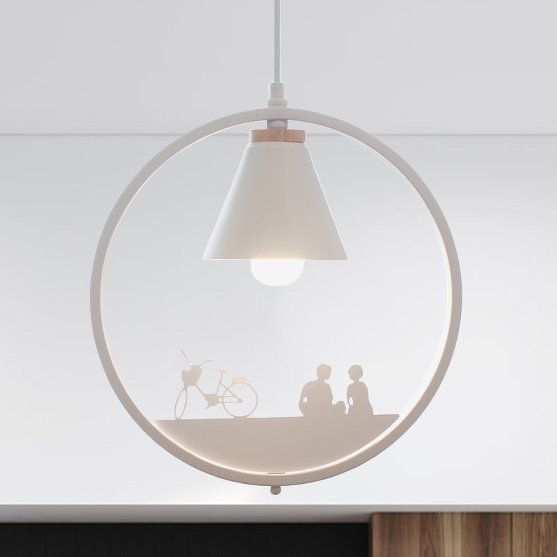 Nordic Style Pendant Lamp With Iron Cone Shade & Paper Cutting Decoration- Black/White 1 Bulb White