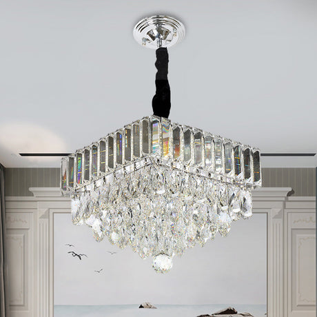 Modern Black Led Crystal Block Suspension Pendant - Tiered Square Design For Dining Room Lighting