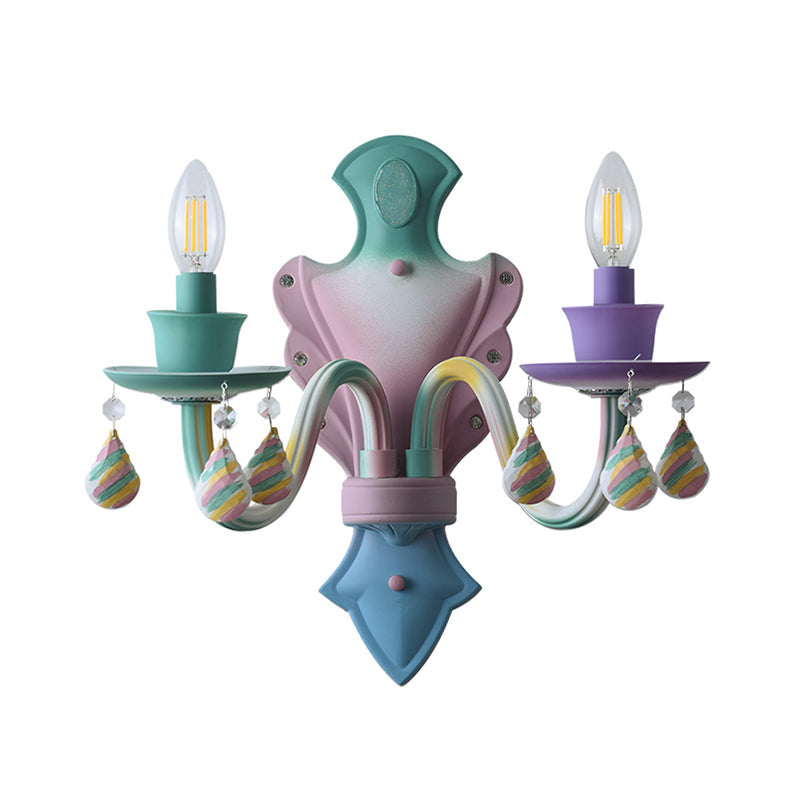 Macaroon Candle Wall Light - Pink Metallic Bedside Lamp With Crystal Droplet (2-Bulb Fixture)