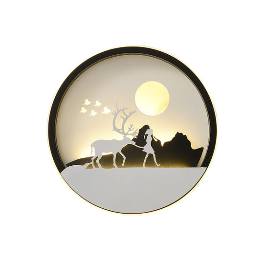 Metal Round Led Black Wall Lamp Sconce With Modernist Deer Girl Eagle And Windmill Design - Perfect