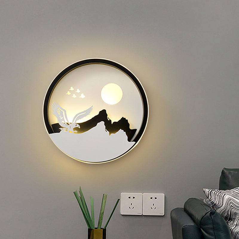 Metal Round Led Black Wall Lamp Sconce With Modernist Deer Girl Eagle And Windmill Design - Perfect