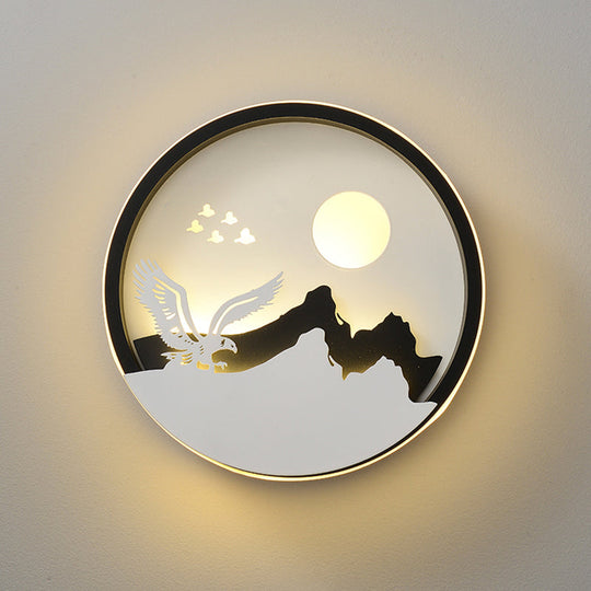 Metal Round Led Black Wall Lamp Sconce With Modernist Deer Girl Eagle And Windmill Design - Perfect