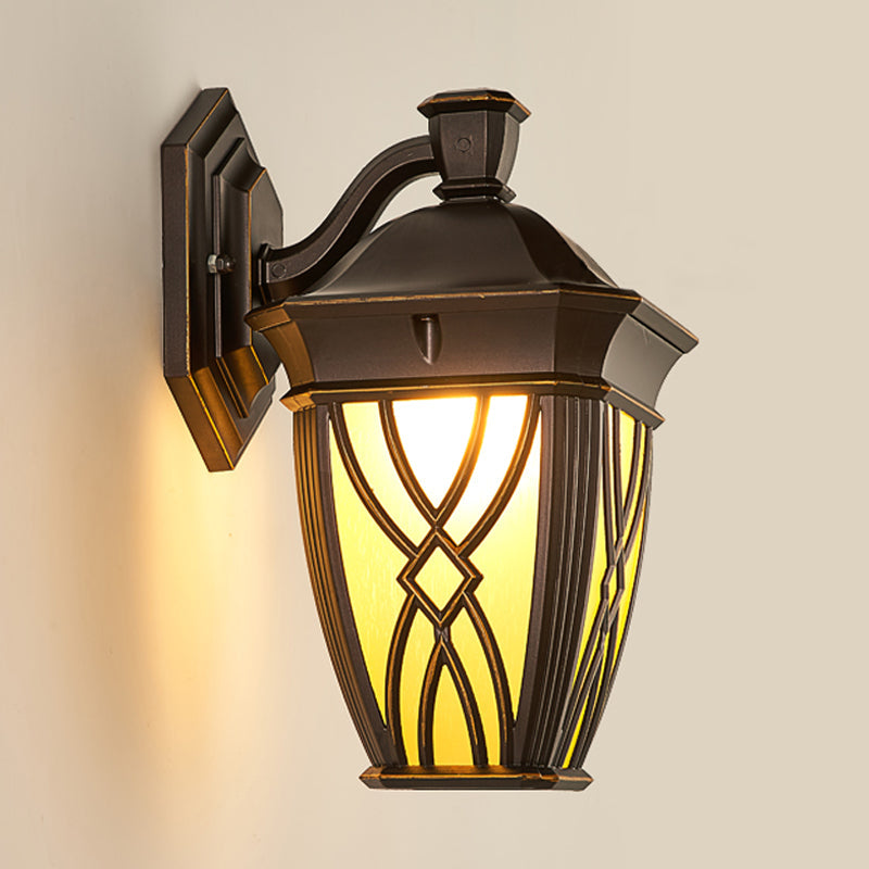 Frosted Glass Sconce Countryside Outdoor Wall Lighting - Curved Arm Coffee Finish 1 Bulb