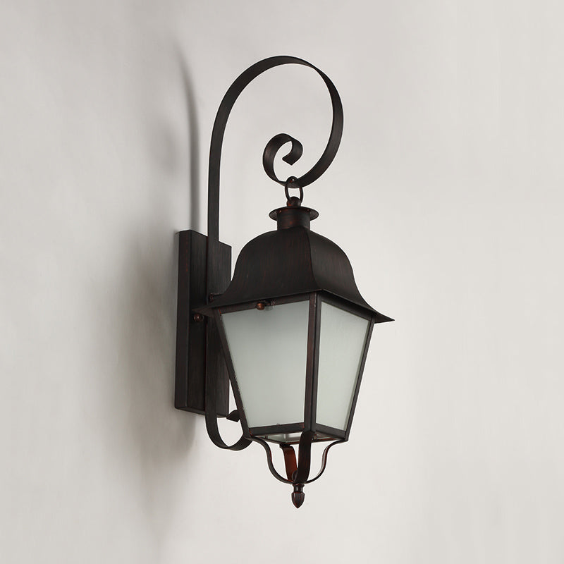 Curvy Cottage Wall Lamp With Lantern Frosted Glass Shade - Black 1-Light Metallic Sconce