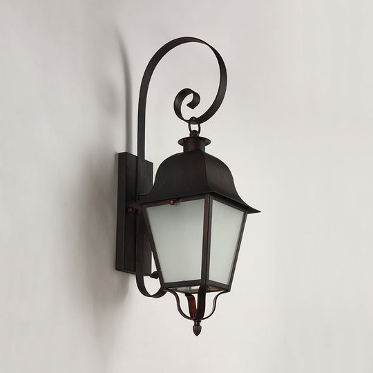Curvy Cottage Wall Lamp With Lantern Frosted Glass Shade - Black 1-Light Metallic Sconce