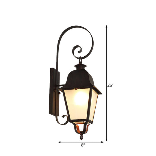 Curvy Cottage Wall Lamp With Lantern Frosted Glass Shade - Black 1-Light Metallic Sconce