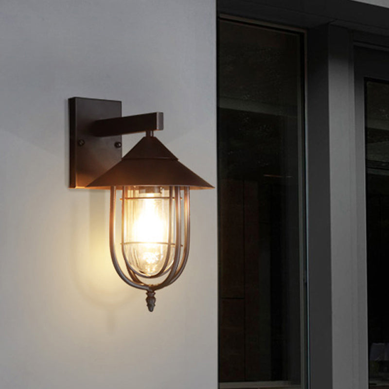 Vintage Style Sconce Lamp With Metal Cage - Clear Glass Black/Bronze Wall Hanging Light Capsule