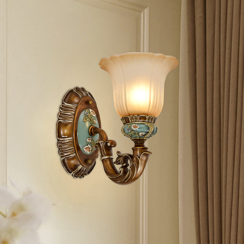 Vintage Resin Scallop Sconce Light - Peacock Green Wall Lighting Fixture With Glass Shade