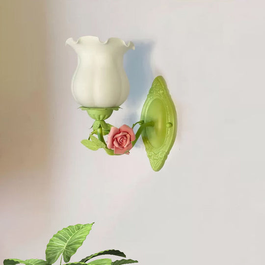 Rustic Bedroom Wall Sconce With Flower Glass White/Green Bloom Deco Lighting Fixture