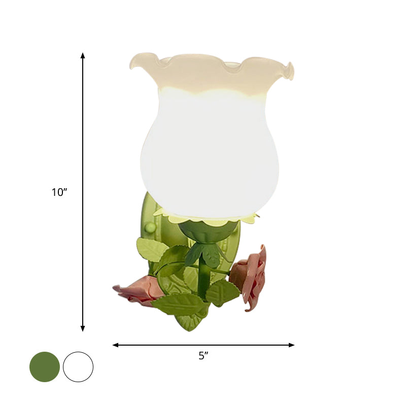 Rustic Bedroom Wall Sconce With Flower Glass White/Green Bloom Deco Lighting Fixture