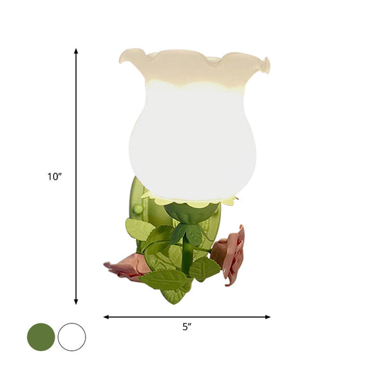 Rustic Bedroom Wall Sconce With Flower Glass White/Green Bloom Deco Lighting Fixture
