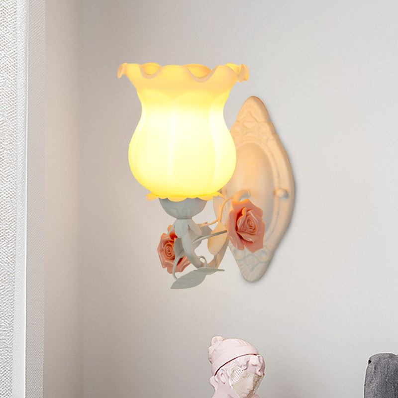 Rustic Bedroom Wall Sconce With Flower Glass White/Green Bloom Deco Lighting Fixture