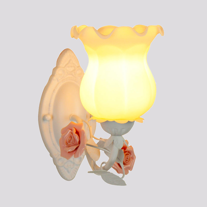 Rustic Bedroom Wall Sconce With Flower Glass White/Green Bloom Deco Lighting Fixture