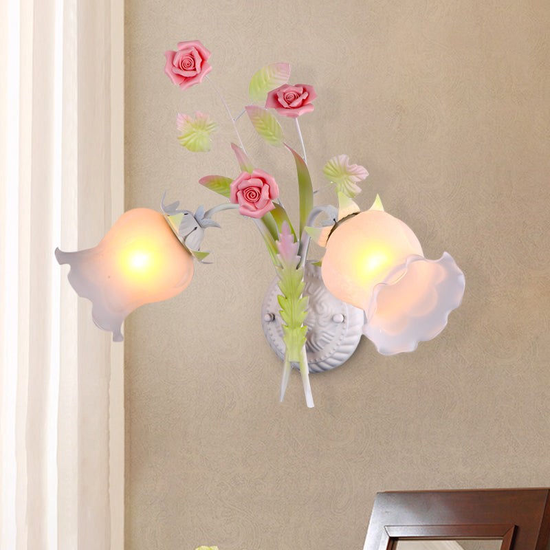 Rural Floral Sconce With 2 Opal Glass Lights And Bloom Deco In Green/White/Pink White-Green