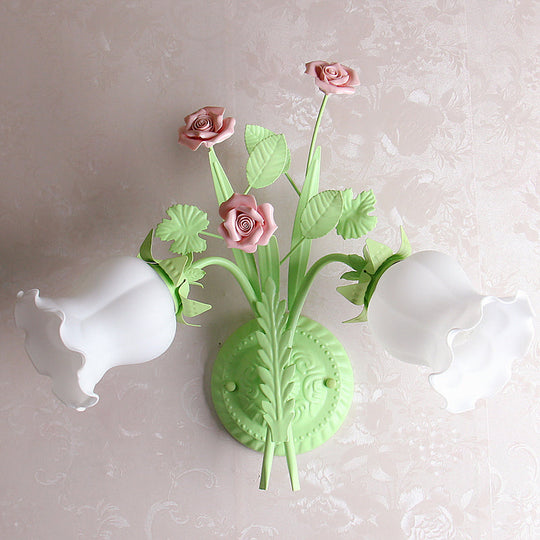 Rural Floral Sconce With 2 Opal Glass Lights And Bloom Deco In Green/White/Pink