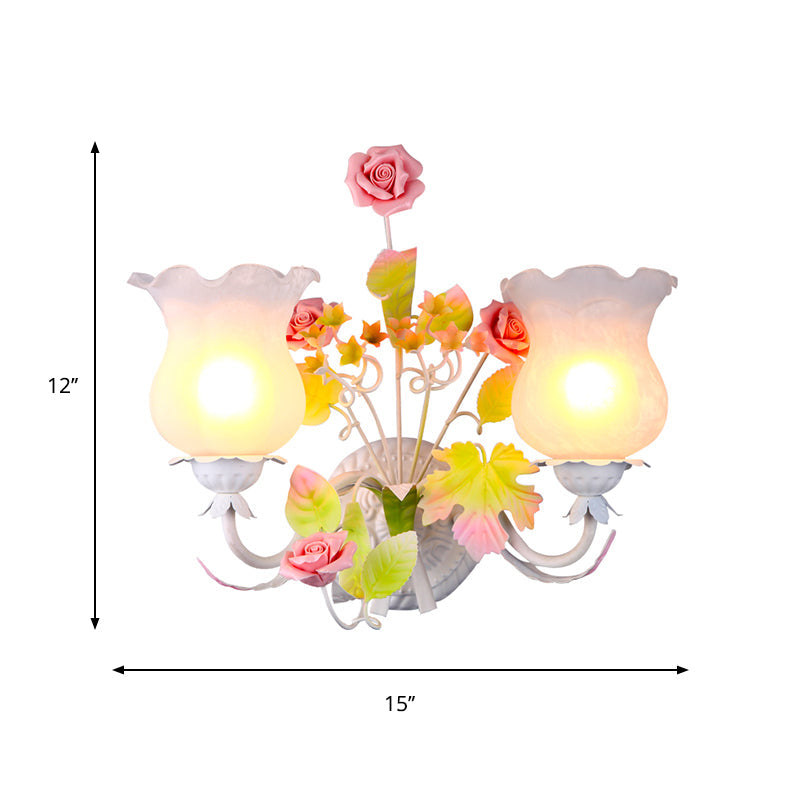 Retro Metal Flower Sconce Light With Glass Shade - Bedroom Wall Mounted Fixture 2 Heads And Bloom
