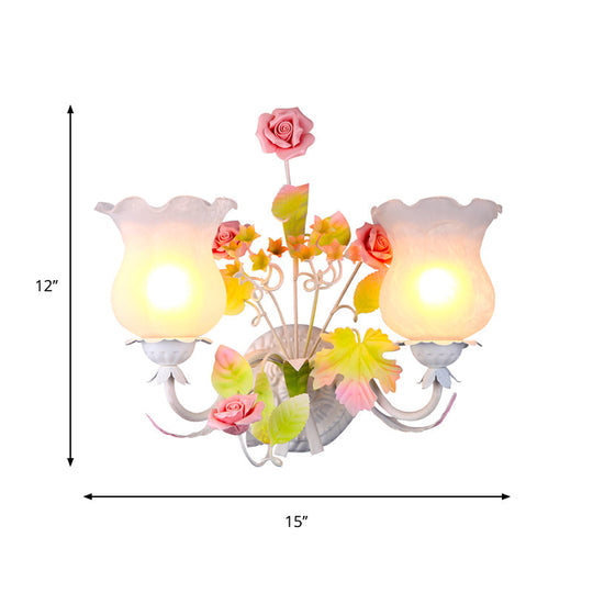 Retro Metal Flower Sconce Light With Glass Shade - Bedroom Wall Mounted Fixture 2 Heads And Bloom