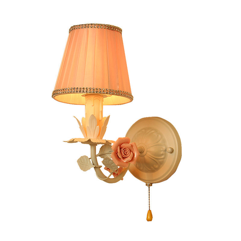 Countryside Pink Metal Sconce Light - Bedroom Wall Mount Lamp With Flower Deco