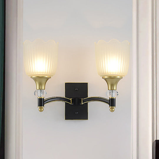 Farmhouse Scalloped Floral Wall Sconce With Opal Glass Shades - Black And Gold Finish 2 /