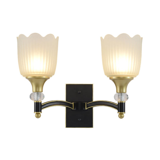 Farmhouse Scalloped Floral Wall Sconce With Opal Glass Shades - Black And Gold Finish