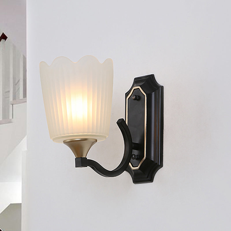 Vintage Scalloped Cup Wall Sconce With Frosted Glass And Black Finish 1 /