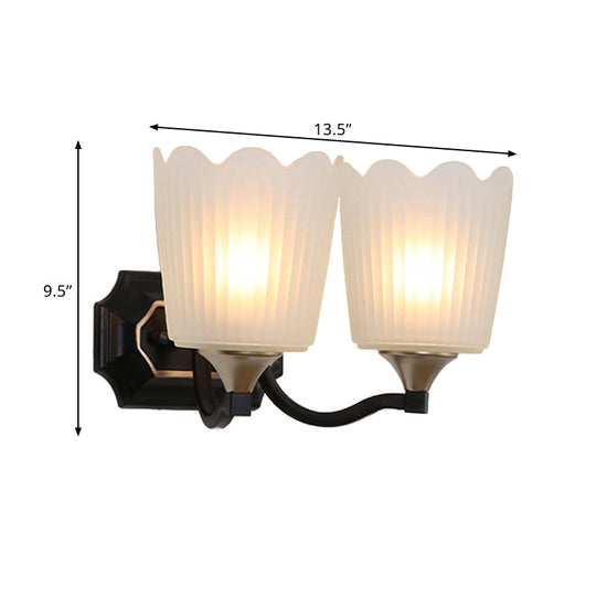 Vintage Scalloped Cup Wall Sconce With Frosted Glass And Black Finish