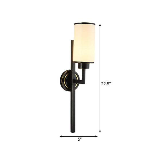 Country Opal Glass Cylindrical Wall Lamp - Black Single Bulb Lighting Fixture For Living Room