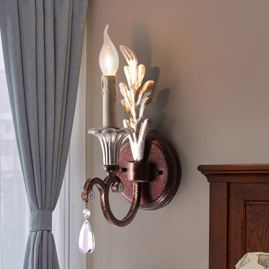 Rustic Metal Bedroom Wall Lamp With Crystal Accent And Curved Arm