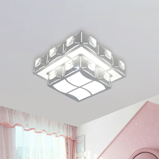 Modern Crystal Embedded 2-Tier Square Ceiling Flush-Mount Light Fixture - White Led Corridor
