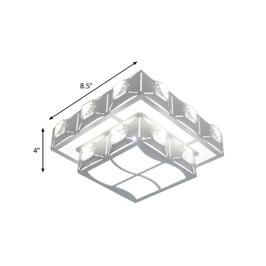 Modern Crystal Embedded 2 - Tier Square Ceiling Flush - Mount Light Fixture - White Led Corridor