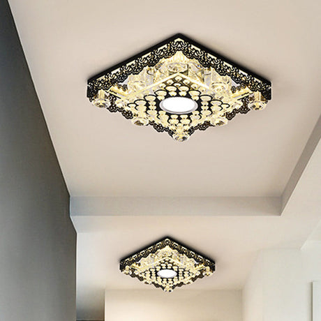 Black Crystal Floral-Trim Led Close-To-Ceiling Lamp - Contemporary Square/Round Design / Square