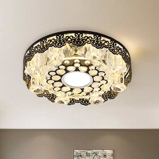 Black Crystal Floral-Trim Led Close-To-Ceiling Lamp - Contemporary Square/Round Design / Round