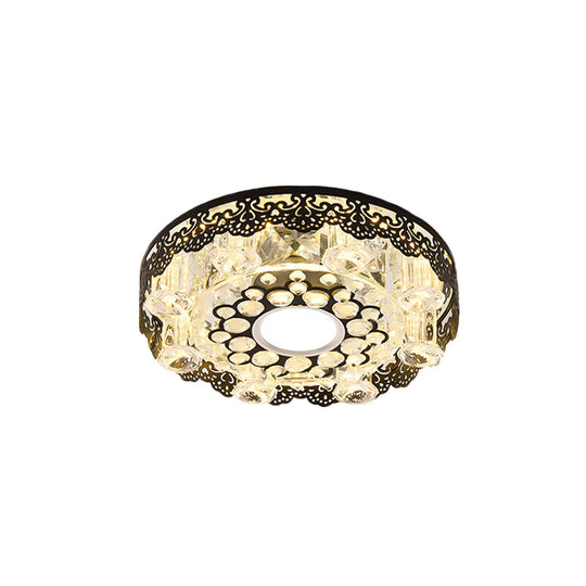 Black Crystal Floral-Trim Led Close-To-Ceiling Lamp - Contemporary Square/Round Design
