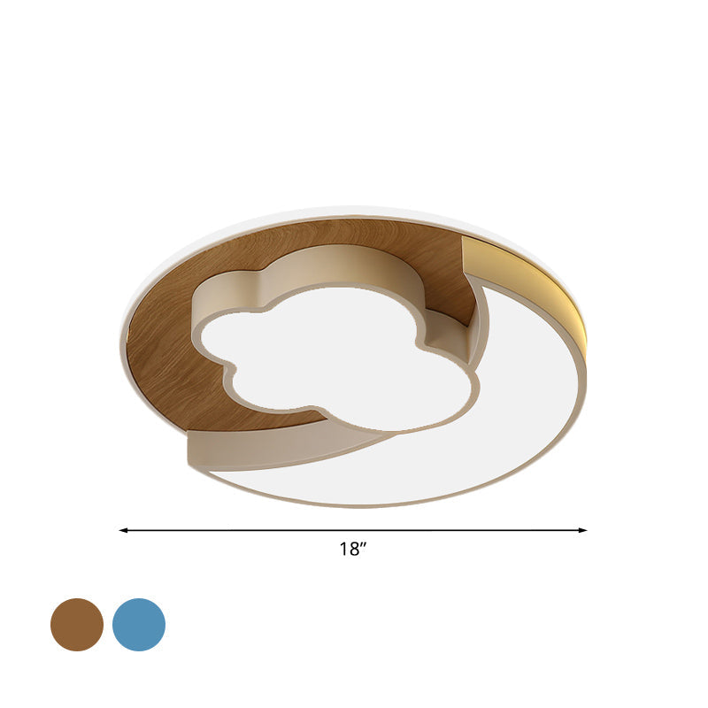 Cartoon Crescent And Cloud Led Flush Mount Light For Child’s Bedroom In Blue/Wood