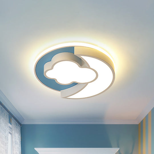Cartoon Crescent And Cloud Led Flush Mount Light For Child’s Bedroom In Blue/Wood