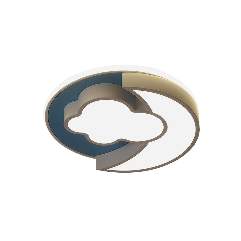 Cartoon Crescent And Cloud Led Flush Mount Light For Child’s Bedroom In Blue/Wood