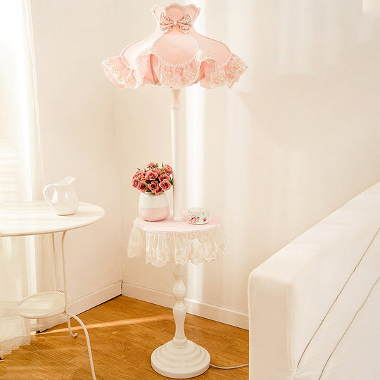 Nordic Pink Lace-Trimmed Stand Up Lamp With White Wood Table - Floor Light 1 Bulb