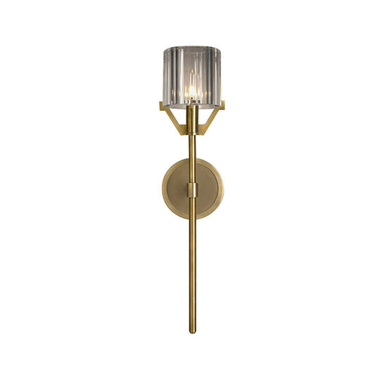 Brass Wall Sconce With Clear Crystal Block Cylinder And Pencil Arm