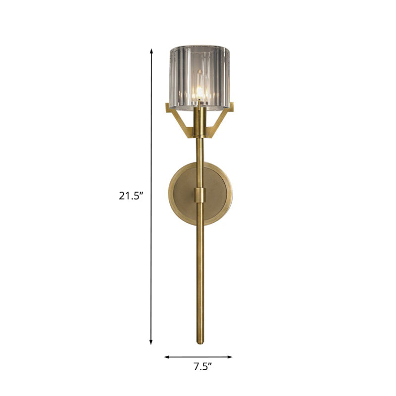 Brass Wall Sconce With Clear Crystal Block Cylinder And Pencil Arm
