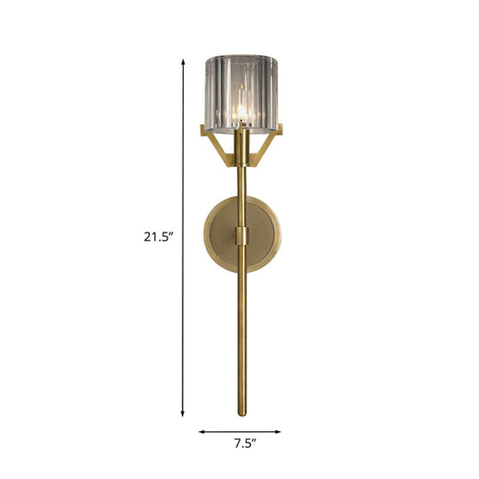 Brass Wall Sconce With Clear Crystal Block Cylinder And Pencil Arm