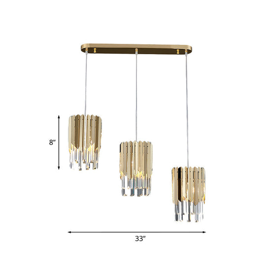 Gold Crystal Rectangle Pendant Light For Dining Room - Luxurious Layered Cluster Clear 3-Head