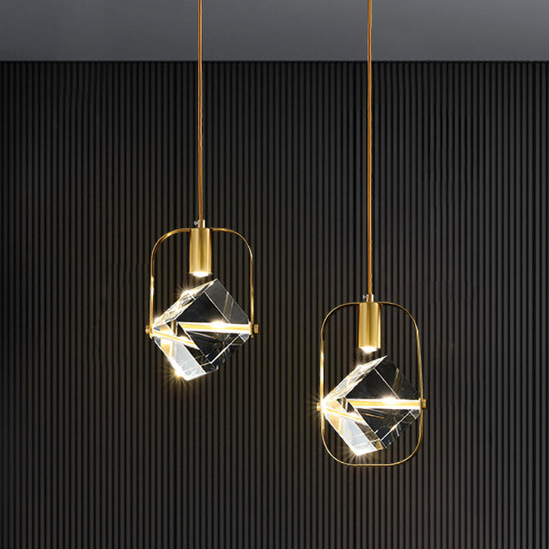 Postmodern Gold Hanging Lamp For Restaurants - 2-Head Cubic Multi Light Pendant With Metal Frame