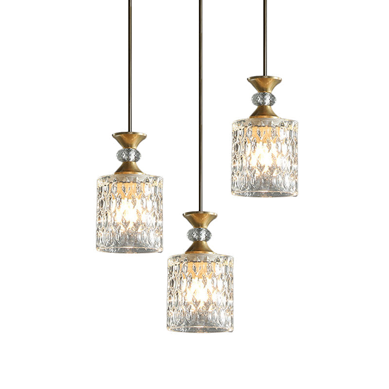Gold Cylindrical Crystal Pendant Light: Luxurious 3-Light Restaurant Down Lighting